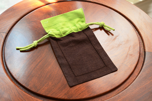 Hemstitch sachet bag, multi color, brown & hot green border - Click Image to Close